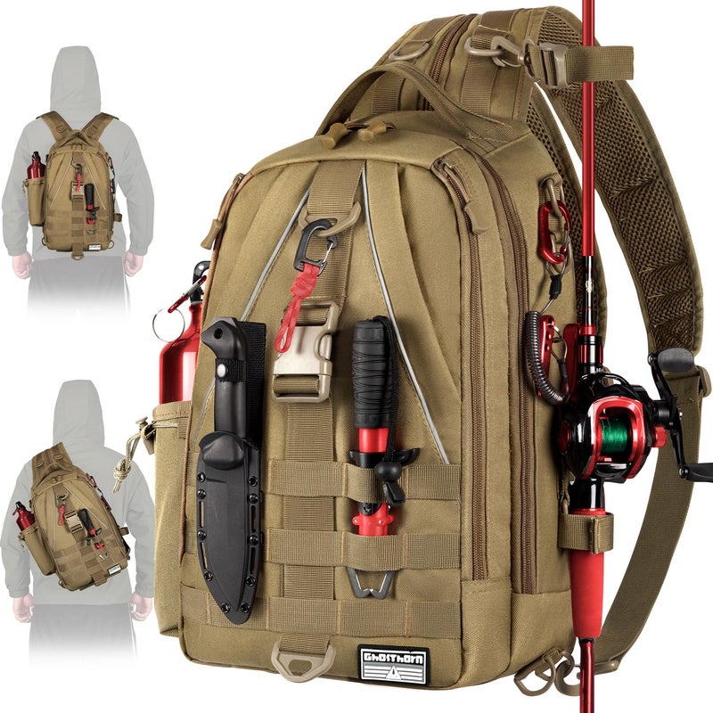 Ghosthorn Fishing Backpack Tackle Sling Bag-Backpack with Rod Holder- Lightweight Tackle Box Fly Fishing Gifts for Men Women (K.Large Khaki) - Image 1
